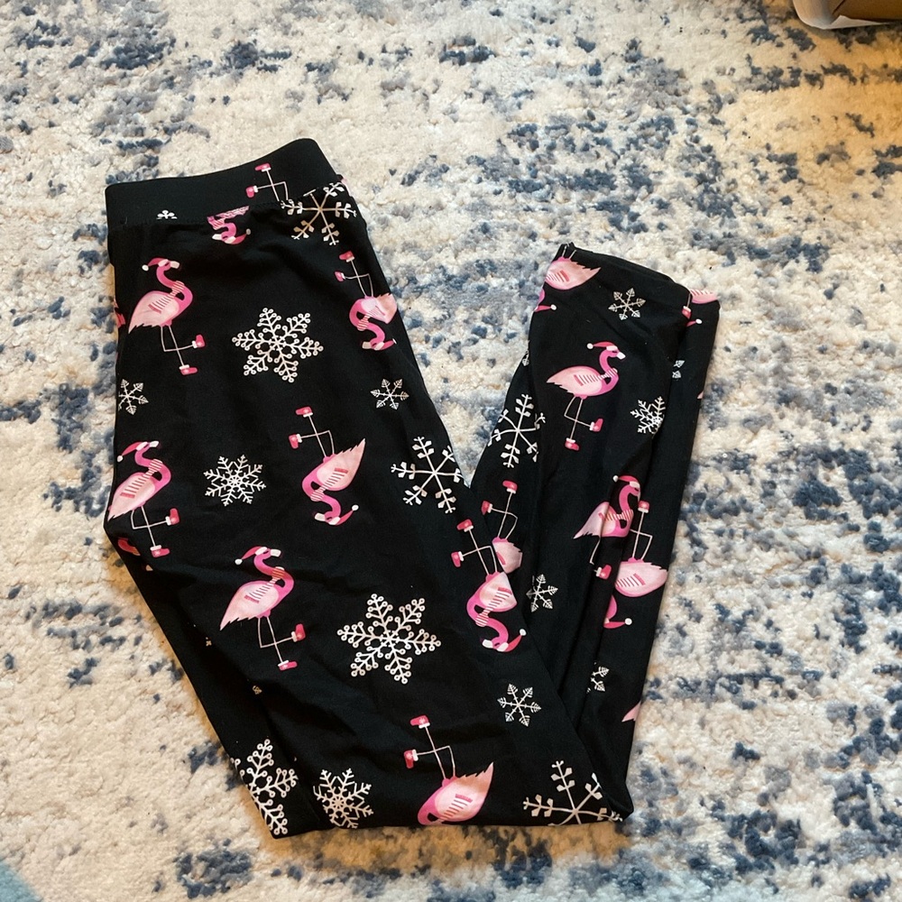 Flamingo Print Leggings - Christmas Black and Pink